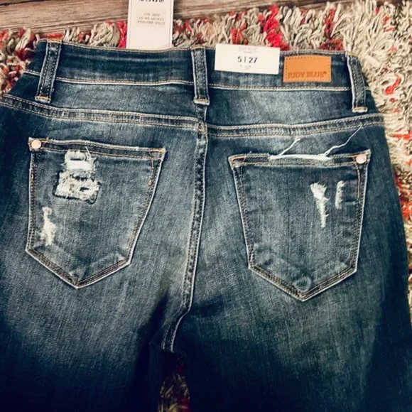 JUDY BLUE LOS ANGELES MID RISE BLUE FLANNEL PATCH STRETCH JEANS - Picture 10 of 10